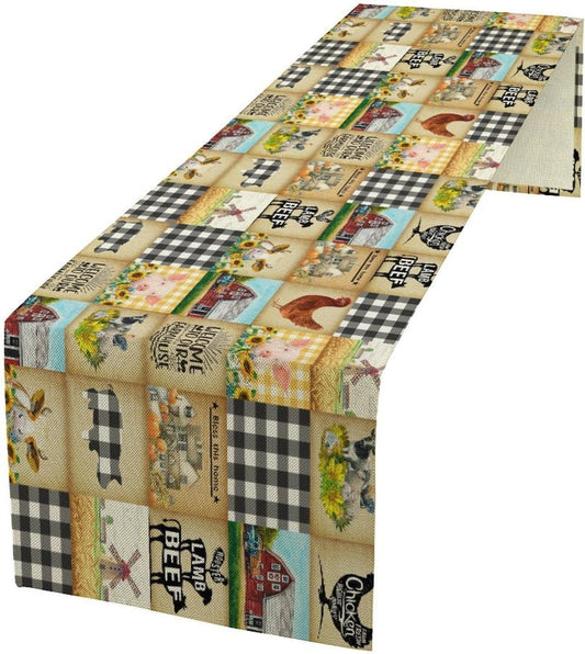 Farmhouse Animals Table Runner,Rustic Cabin Pig Chicken Cow Sunflowers Geometric Grids Burlap for Hotel Indoors Outdoor Dining Room Kitchen Holiday Party, 13x80in