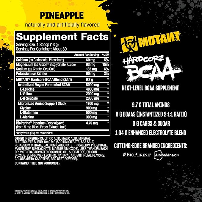 Mutant Hardcore BCAA - Pre, Intra or Post Workout – BCAA Next Level branched-Chain Amino Acids Supplement – Hydration + Recovery - 30 Serving - Pineapple