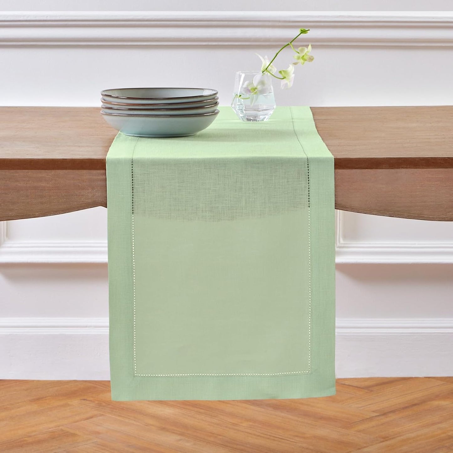 Solino Home Linen Table Runner 90 Inches Long - 100% Pure Linen Light Green Table Runner 14 x 90 Inch - Classic Hemstitch