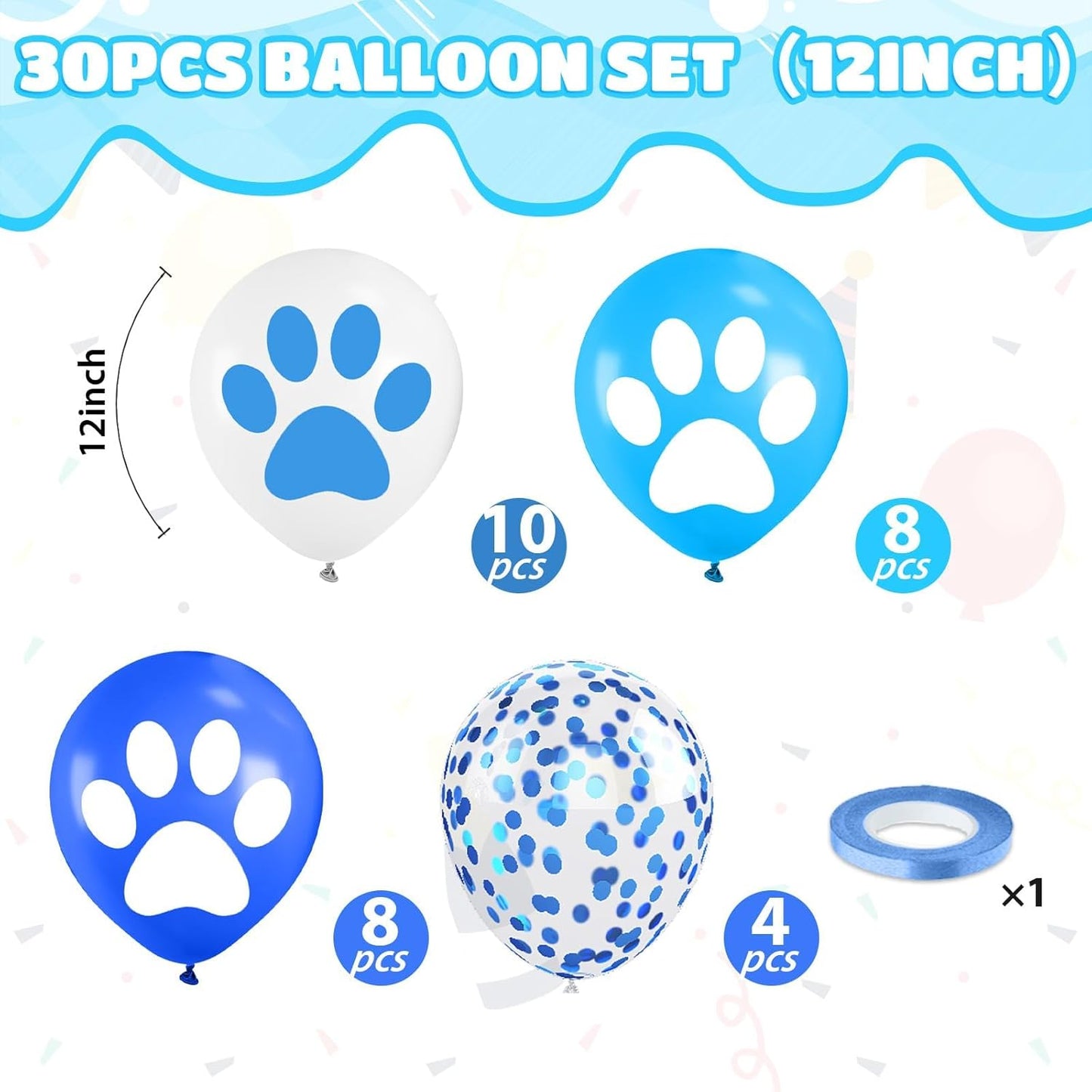Paw Print Balloons, 12 Inch Navy Light Blue White Paw Print Confetti Dog Birthday Balloons for Boy Girl Dog Birthday Party Decorations Baby Shower Graduation Celebration Backdrop