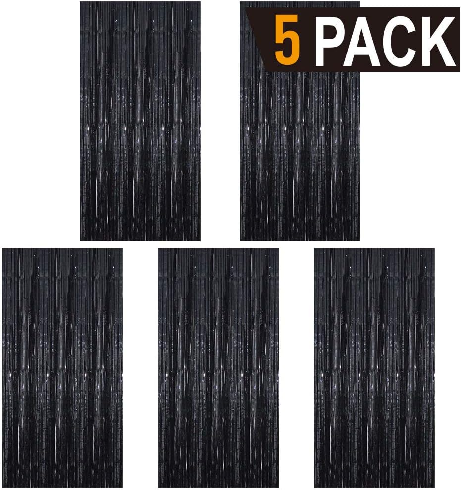 GOER 3.2 ft x 9.8 ft Metallic Tinsel Foil Fringe Curtains Party Photo Backdrop Party Streamers for Halloween,Birthday,Graduation,New Year Eve Decorations Wedding Decor (5 Packs,Black)