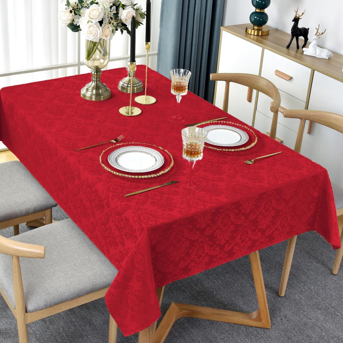 SASTYBALE Rectangle Jacquard Tablecloth, Damask Table Cloth SpillProof Wrinkle Resistant Tablecloths, Soft Polyester Oblong Table Cover for Kitchen, Dinner, Parties (Red, 60X120)