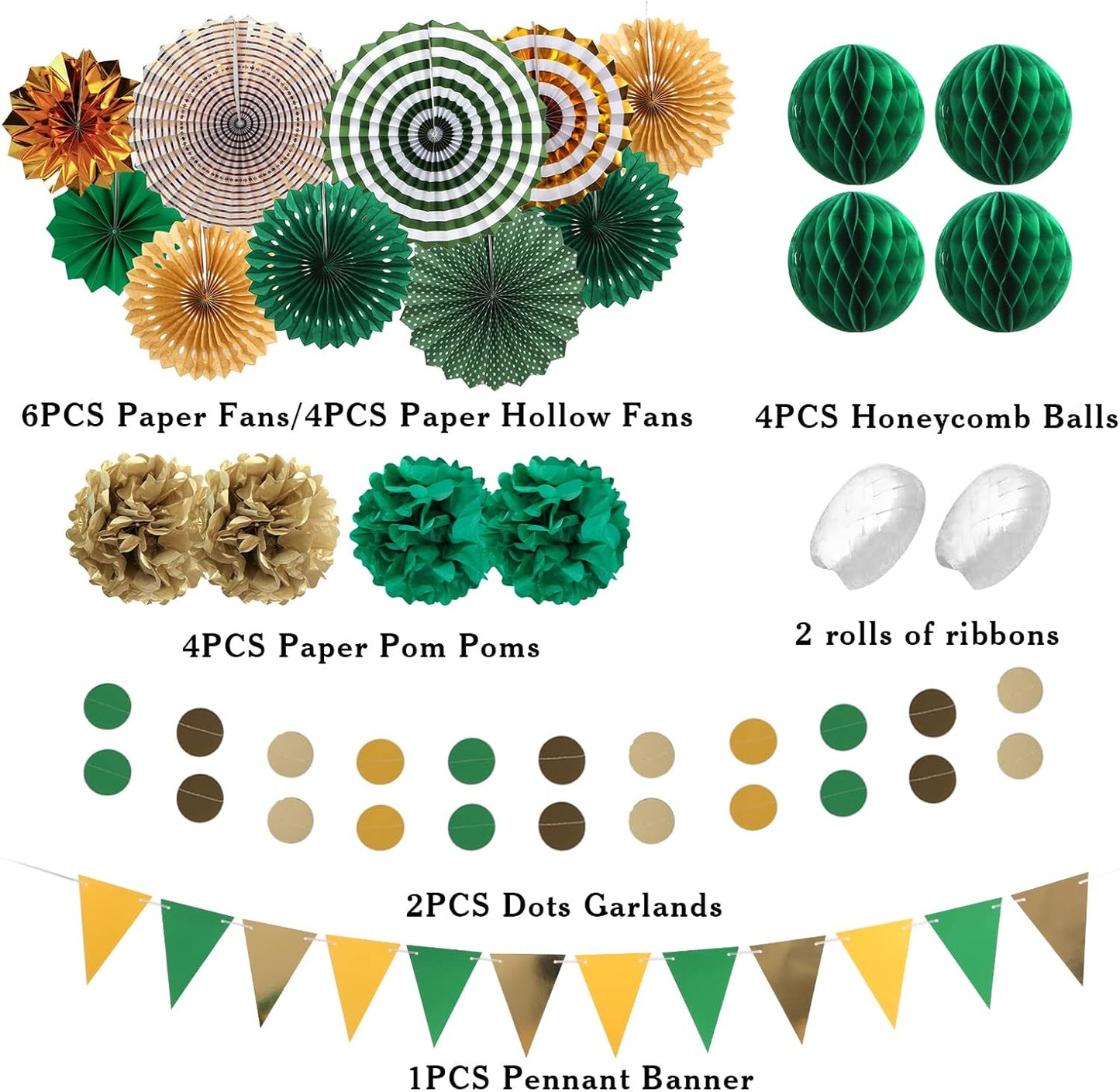 Green and Gold Party Decorations, 23Pcs Hanging Paper Fans, Pom Poms Flowers, Garland String Polka Dot and Triangle Bunting Flag Packs for Girl Birthday Bridal Shower Baby Showers