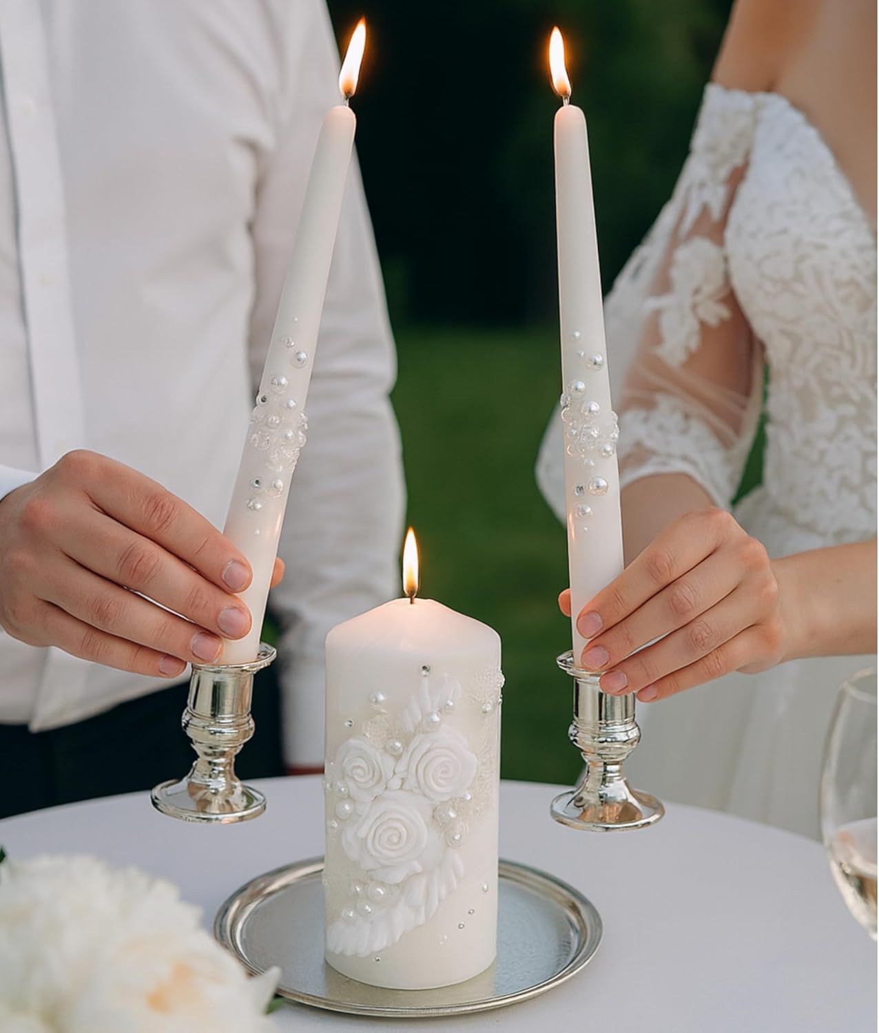 Unity Candle Set - Wedding Ceremony & Reception – 6” Pillar & Two 10” Taper Candles – Long Burning Unity Candles for Marriage Ritual – Handmade in USA – White|Florals|Classic