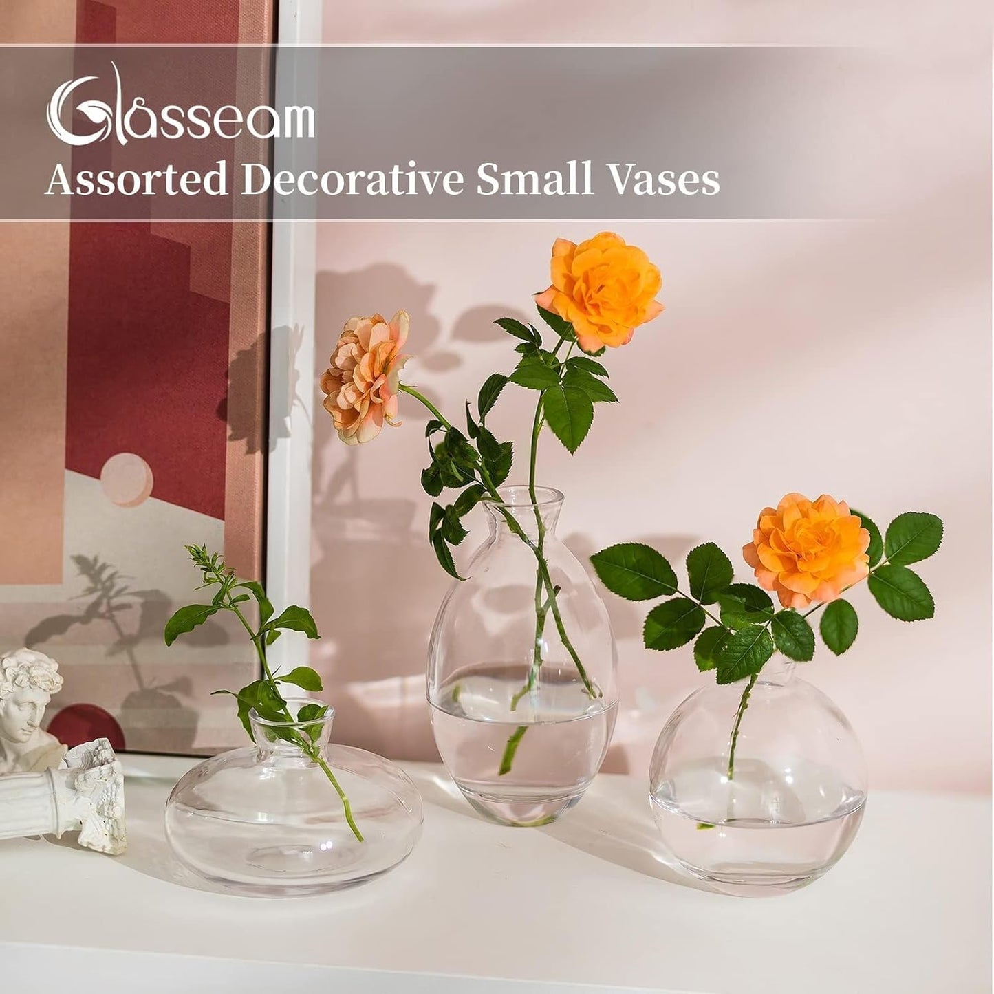 Glasseam Clear Glass Bud Vase, 3Pcs/Set Modern Decorative Small Mini Flowers Vases Short Minimalist Aesthetic Home Decor Vintage Cute Handmade Tiny Wedding Table Centerpieces for Single Flower Rose