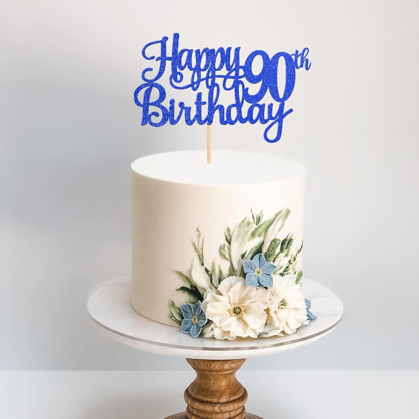 1 PCS Happy 90th Birthday Cake Topper Glitter Cheers to 90 Years Birthday Cake Pick Ninety 90 Fabulous Cake Decoration for Happy 90th Birthday Theme Party Decorations Supplies Blue