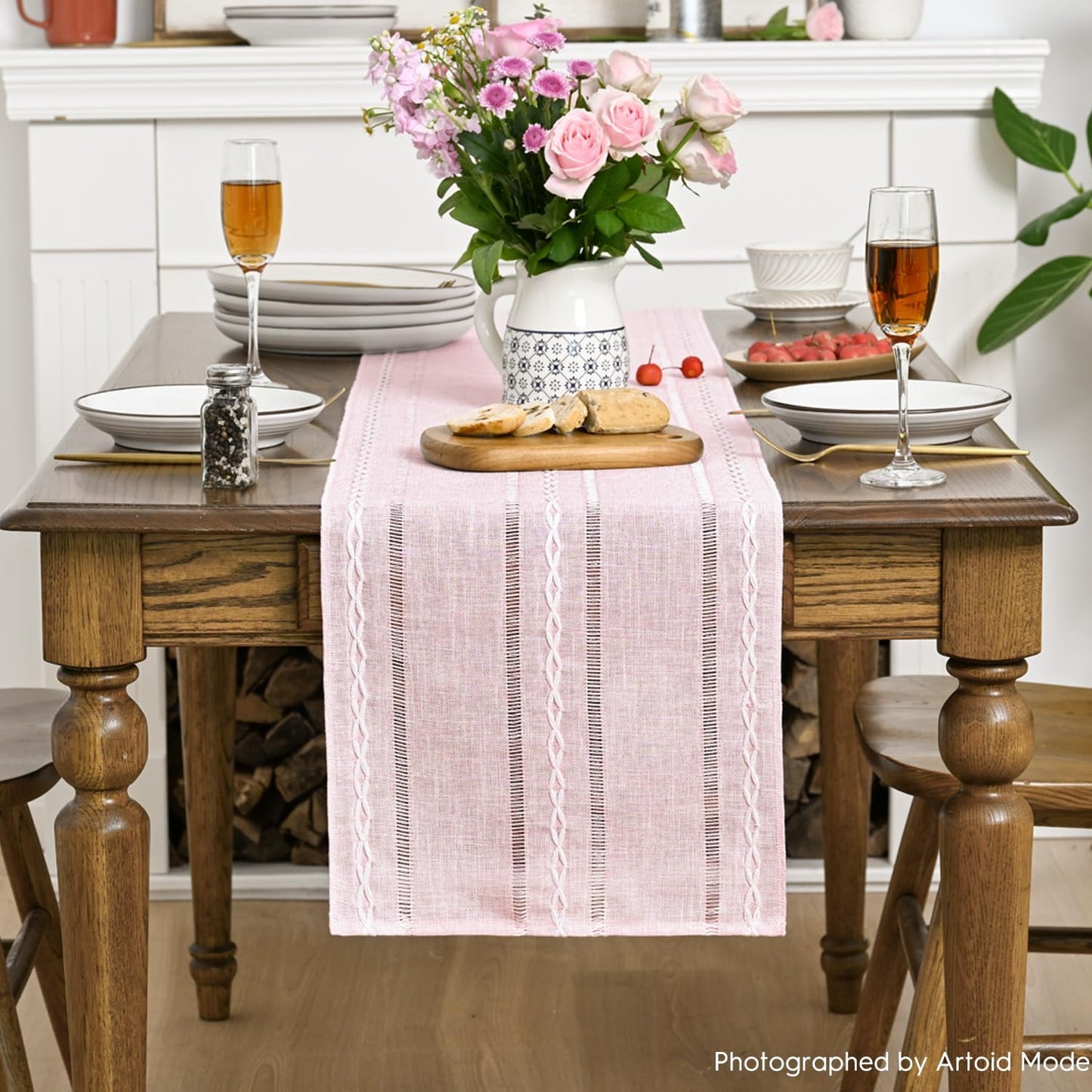 Artoid Mode Pink Rustic Cotton Linen Table Runner, Seasonal Embroidered Hollow Kitchen Dining Table Decoration for Home Party Decor 13x72 Inch