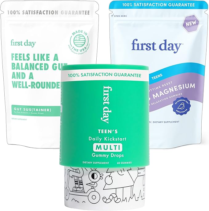 FIRST DAY Teens Wellness Bundle with Multivitamins, Tribiotics & Calming Magnesium Gummies – Supports Nutrition, Immune & Digestive Health, Balanced Mood & Energy – 30 Day Supply