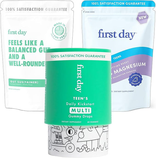 FIRST DAY Teens Wellness Bundle with Multivitamins, Tribiotics & Calming Magnesium Gummies – Supports Nutrition, Immune & Digestive Health, Balanced Mood & Energy – 30 Day Supply