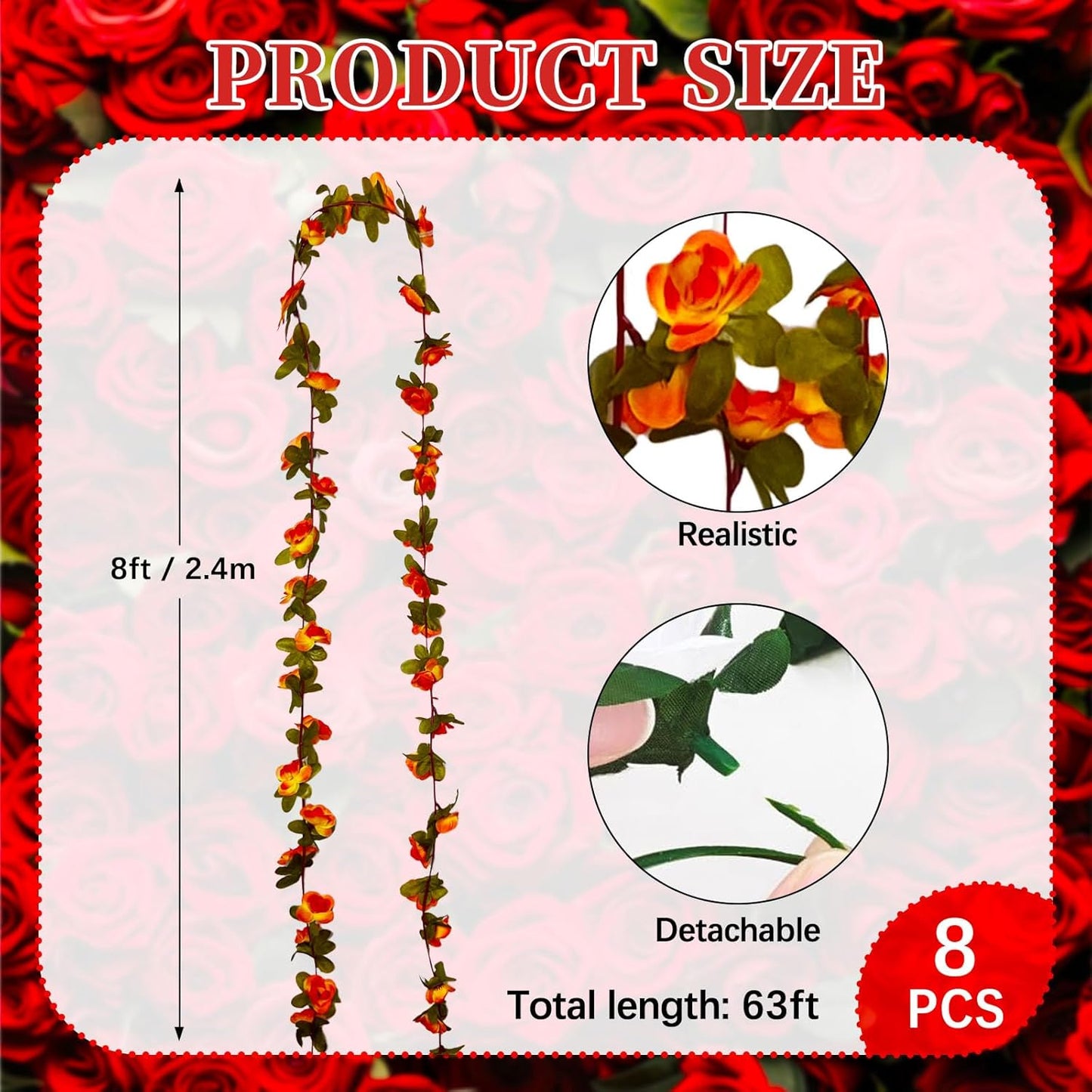 8Pcs 63Ft Orange Rose Garland, Fake Rose Hanging Flowers, Artificial Flower Vine, Hanging Floral Vine Garland for Wedding, Birthday Party, Wall Arch, Halloween, Christmas Garden Backdrop Decor
