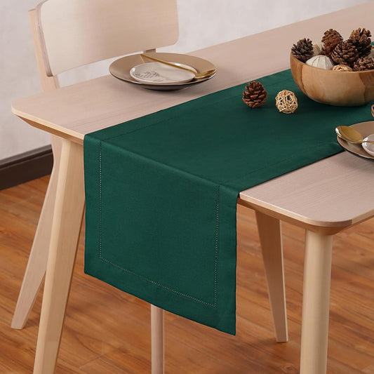 Cotton Linen Green Table Runner 14 x 36 Inches – Hemstitch Coffee Table Runner 14 x 36 Inch – Washable Fabric Scarf Ideal for Thanksgiving, Christmas, Winter Decoration – Serena
