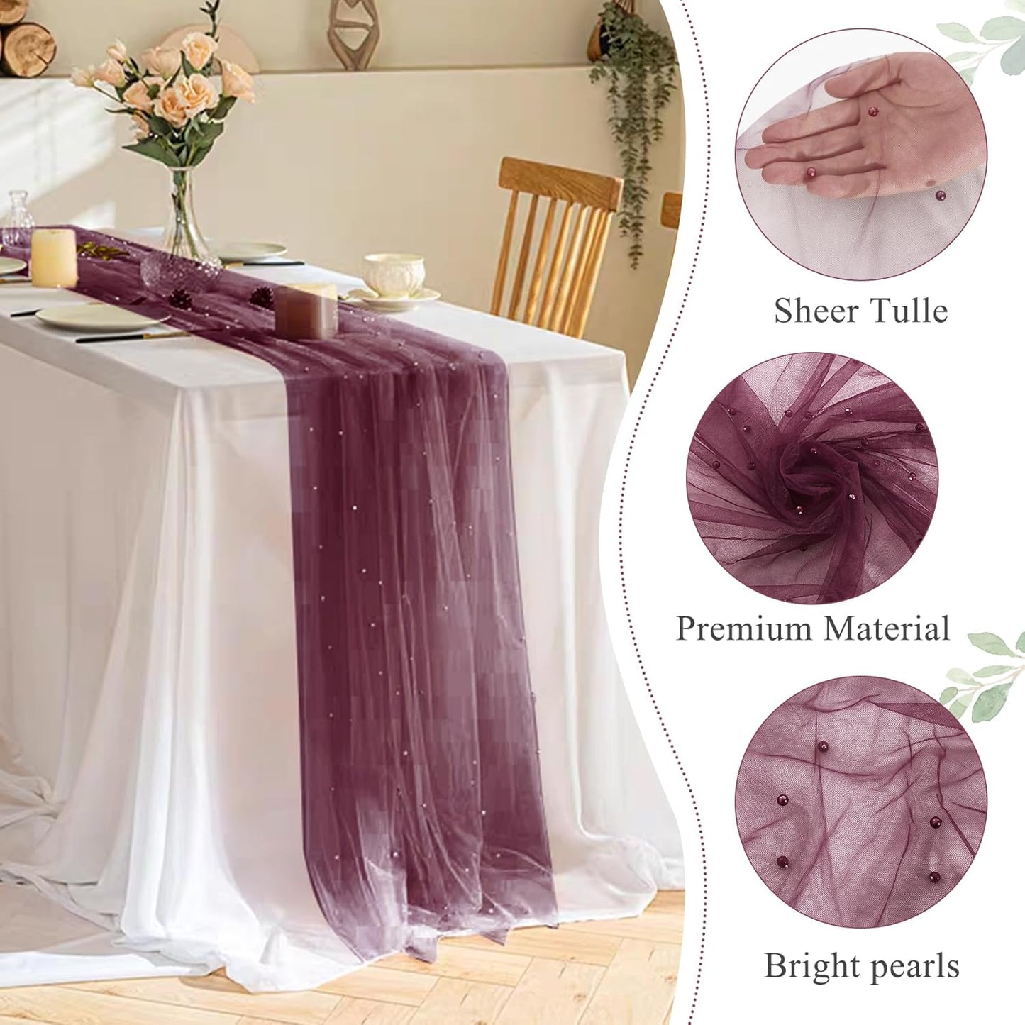 Set of 6 Pearl Table Runner 29 x 120 Inch Tulle Fabric Lace Table Runners Boho Rustic Tablecloth for Bridal Shower Birthday Party Wedding Arch Aisle Veil Dessert Table Decor(Burgundy)