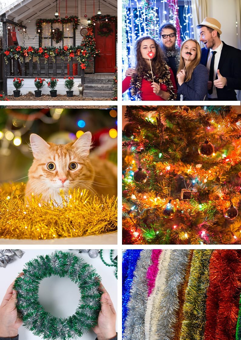 Mandala Crafts Gold Tinsel Garland - Thin Metallic Foil Glitter Mini Garland for Christmas Tree, Party, Wedding Decor, and Holiday Decorations