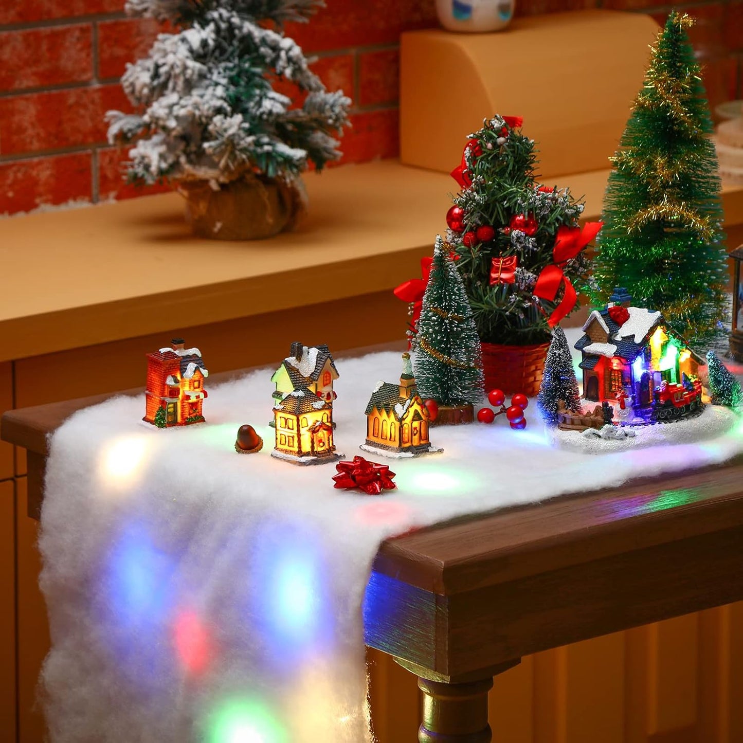 Jetec LED Christmas Fake Snow Blanket with Lights Artificial Snow Blanket with 2 Pcs LED Lights Lighted Snowflake Table Runner for Christmas Tree Village Display Winter Party Decor(15.75''x 49.21'')