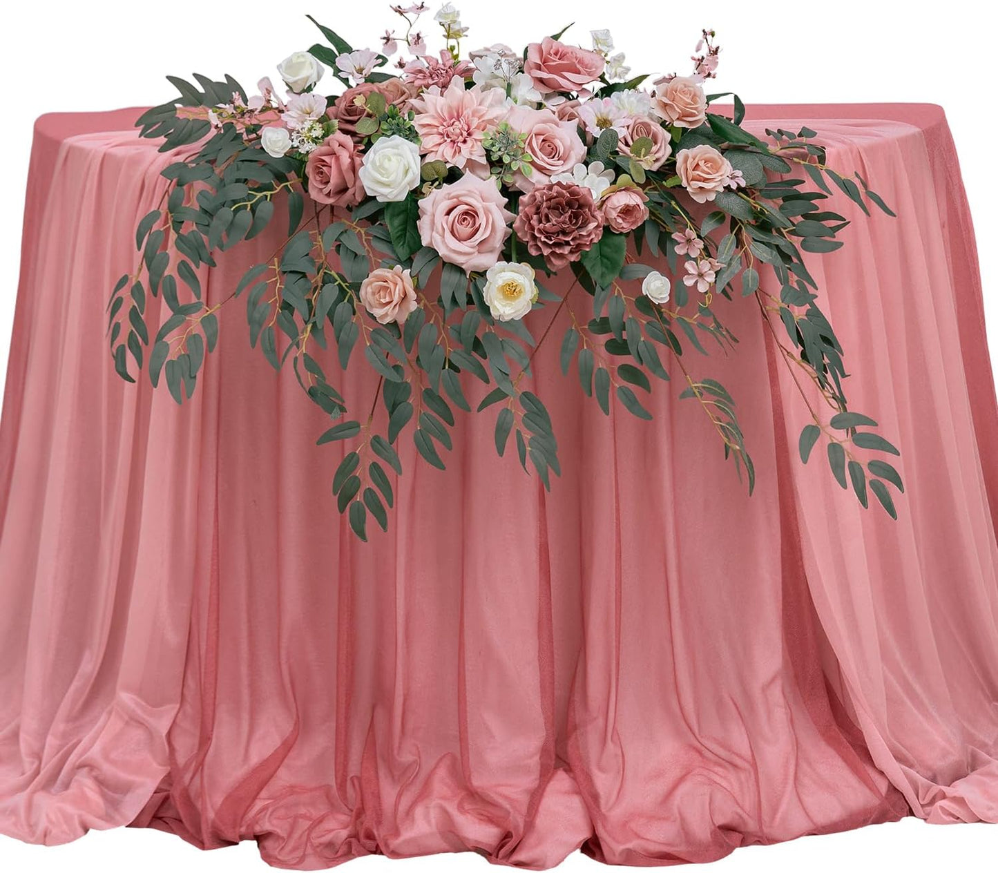 TINGE TIME Artificial Sweetheart Flower Swag with Tablecloth and Table Runner, Pack of 3 Floral Arrangement for Wedding Sweetheart Table Centerpiece Decoration Valentine's Day (DustyRose&Cream)