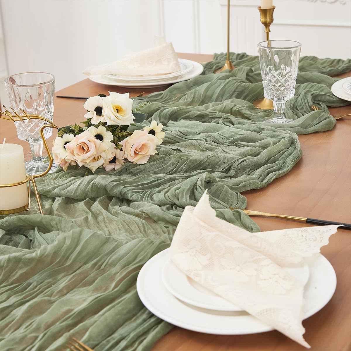 Sage Green 1 Pack Cheesecloth Table Runner 120 Inch 10 FT Boho Rustic Gauze for Wedding Baby Shower Party Farmhouse Summer Home Decor Washable