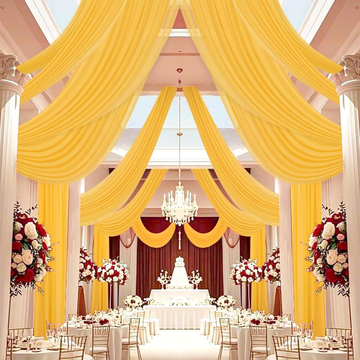 DUOBAO Chiffon Ceiling Drapes 20FT 6 Panels Gold Sheer Wedding Backdrop Curtains for Indoor Events Banquet Hall Tent Drapery Soft Draping Fabric for Arches Christmas and Photography