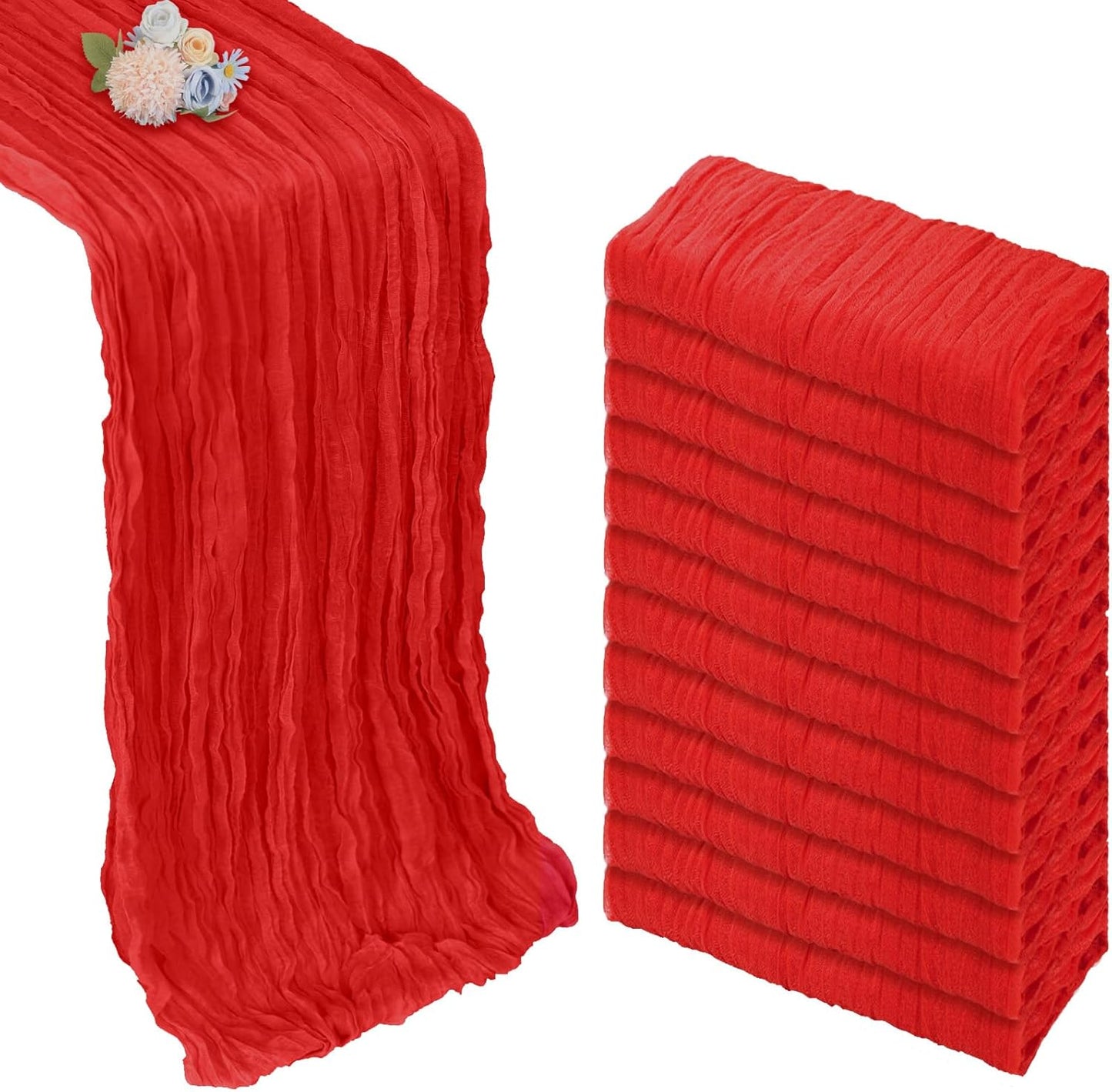 12 Pack Red Cheesecloth Christmas Table Runner 10ft Boho Gauze Fabric Cheese Cloth Table Runner 35 x 120 Inch Rustic Sheer Runner for Wedding Home Decor Holiday Party Table Centerpiece Decoration