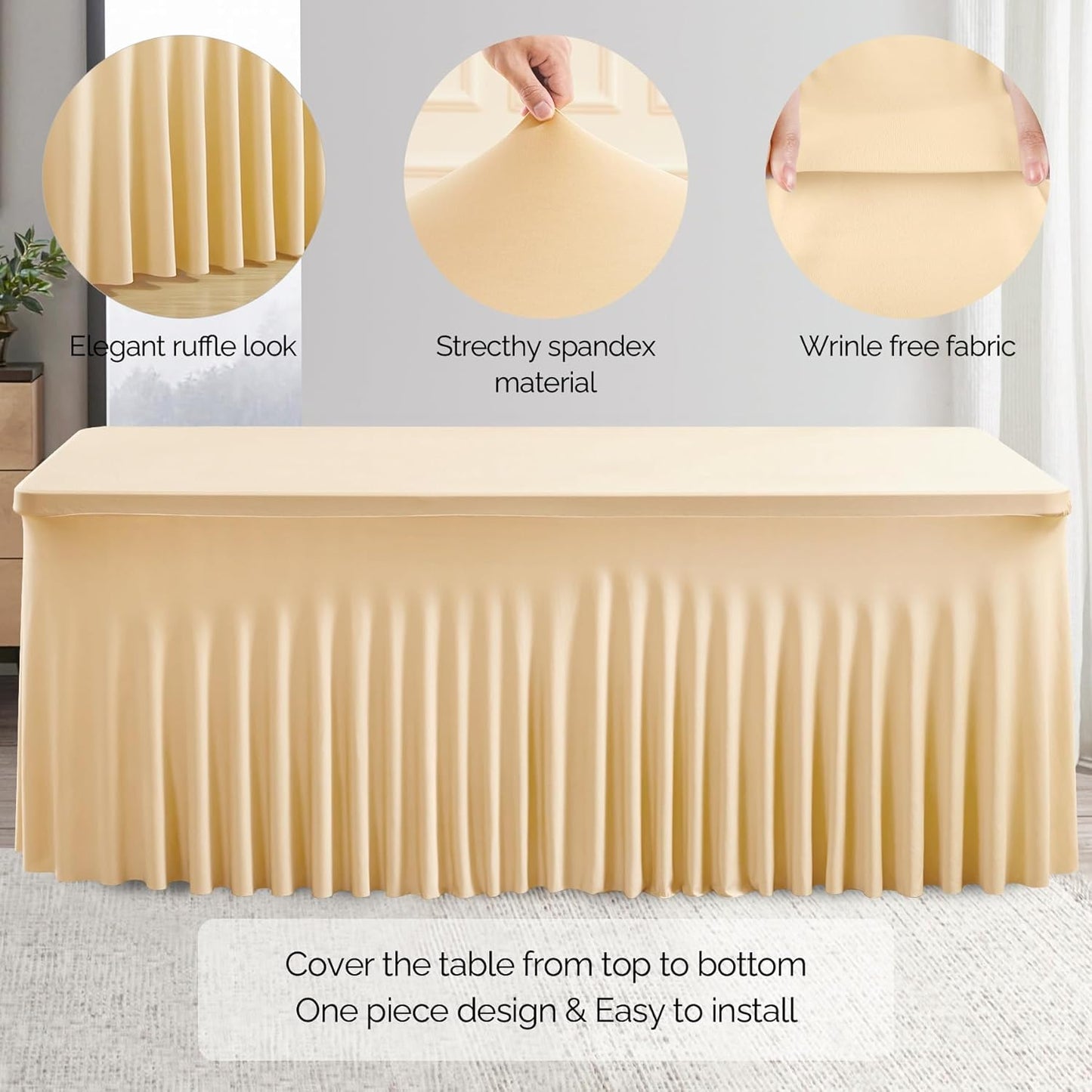 Wish Care 6 Pack Champagne Spandex Table Clothes for 6 Foot Rectangle Tables, 6FT Wrinkle Free Fitted Tablecloths Ruffles Design Table Cover for Party, Banquet, Wedding and Events