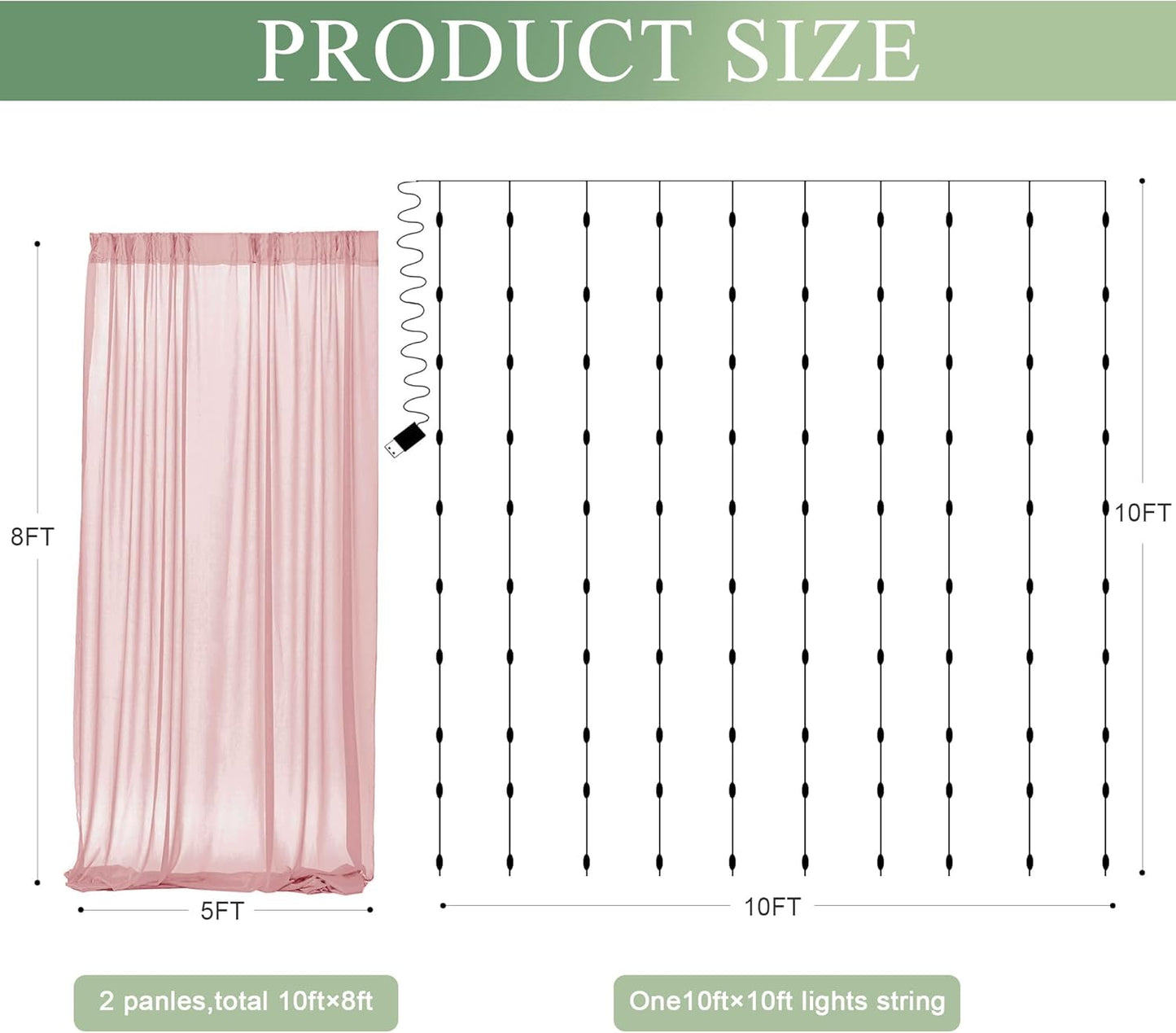 Tulle Backdrop Curtain with Lights String 10FT X 8FT Dusty Rose Sheer Tulle Backdrop Curtains for Wedding Birthday Party Reception Photo Booth Background Decorations (2 Panels 5x8FT)