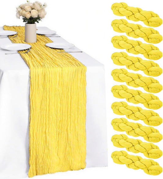 10 Pack Yellow Cheesecloth Table Runner -21*120Inch Long Boho Wedding Table Decor, Rustic Gauze Fabric Runner for Bridal Showers, Baby Showers & Parties (Sheer, Lightweight, Wrinkled Design)