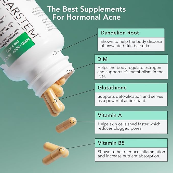 CLEARSTEM - MINDBODYSKIN Hormonal Acne Supplement (No 5-HTP) - Natural DIM Supplement - Skin Care Vitamins - Hormone Balance, Antioxidants - Gluten Free, Cruelty Free - 30 Servings, 90 Capsules