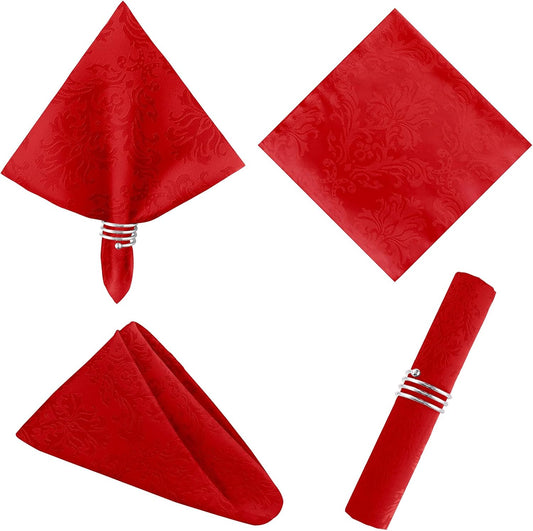Christmas Red Jacquard Square Napkin, Damask Wrinkle Resistant Soft Polyester Napkins, Fabric Cloth Dinner Napkins for Wedding, Winter, Holiday, Xmas, Parties, Set of 4 (Red, 20X20 Napkin)