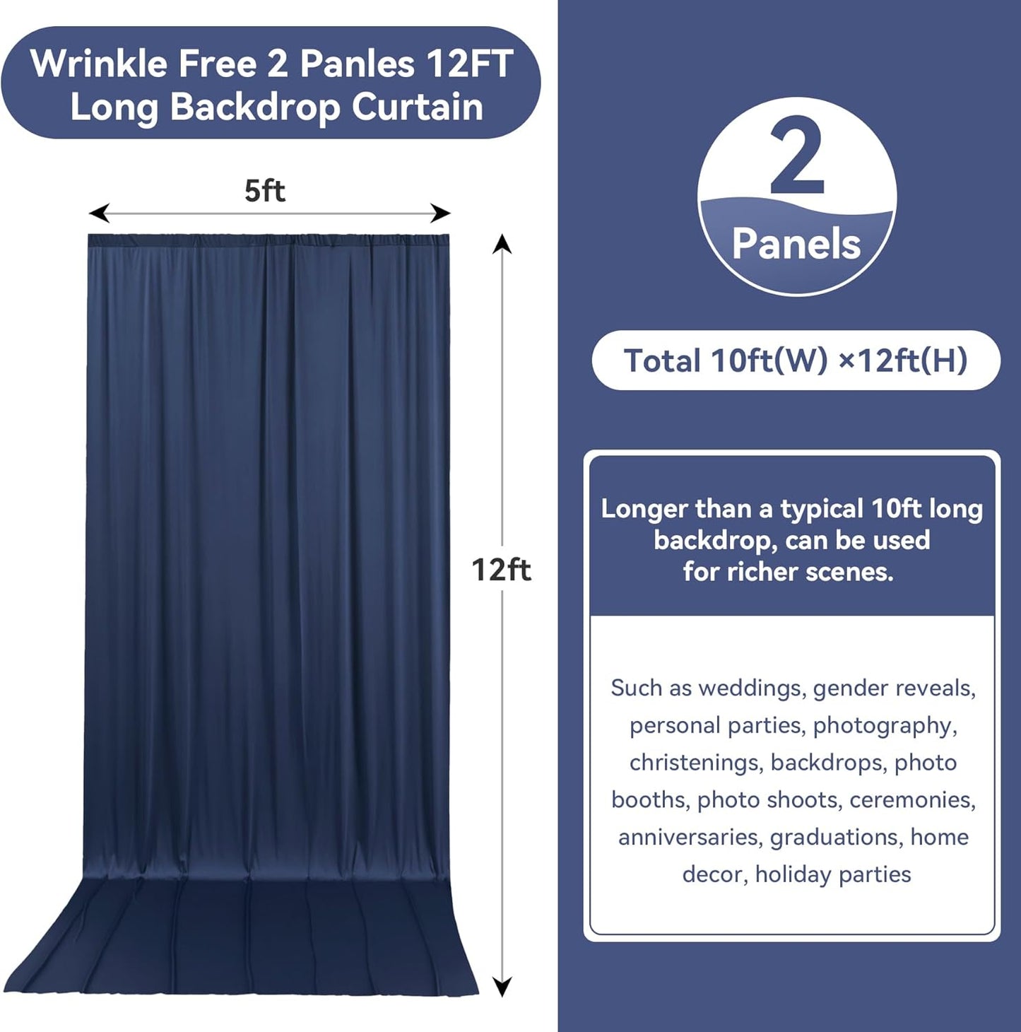 10ftx12ft Wrinkle Free Navy Blue Backdrop Curtain, 2 Panels 12FT Height Navy Blue Wedding Backdrop Drapes, Silky Polyester Back Drop Cloth for Birthday Photography Background Party Backdrop Draping