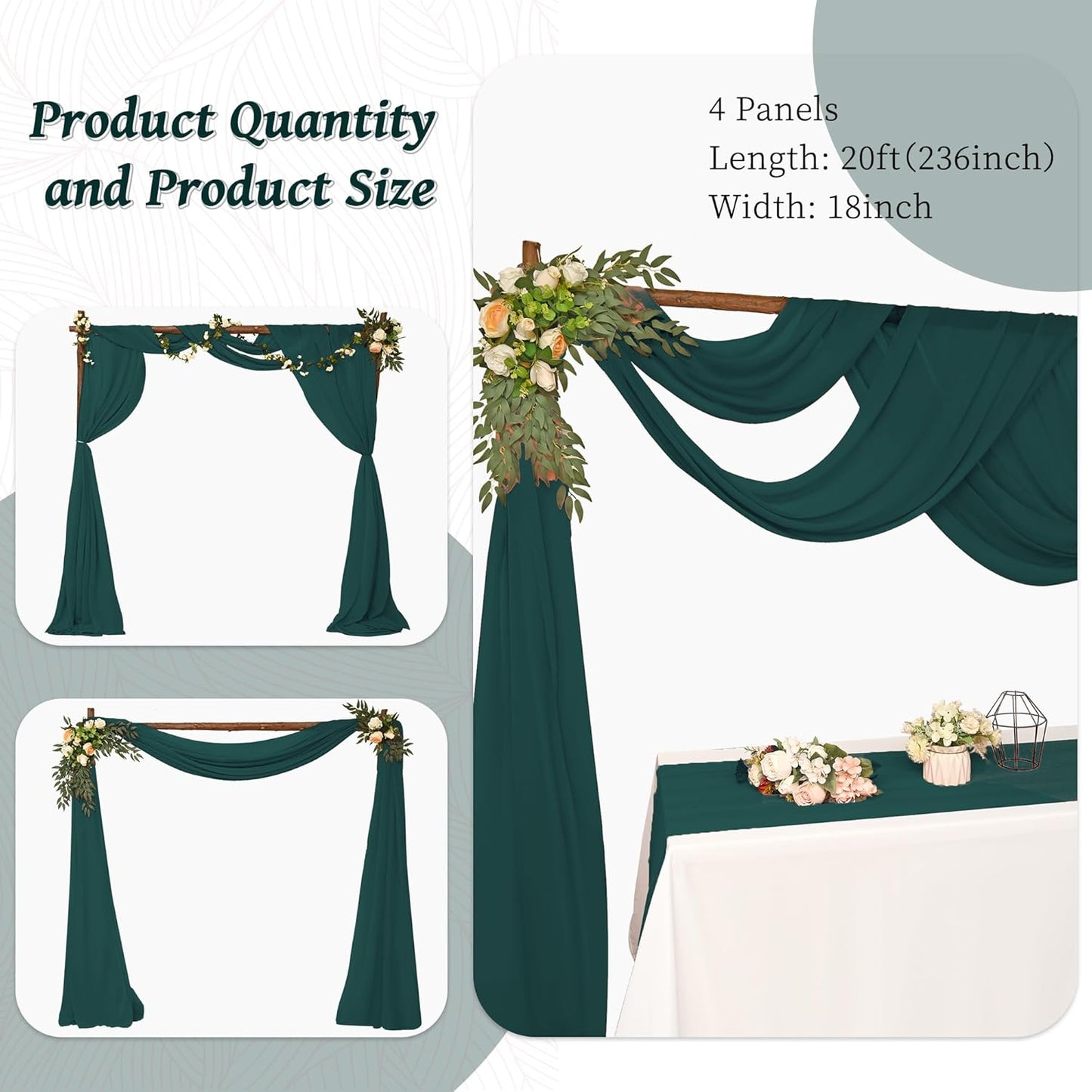 6 Panels Emerald Green Wedding Arch Drapery 28" x20Ft Wedding Arch Draping Fabric Chiffon Fabric Drape Sheer Backdrop Curtain for Nuptials Party Ceremony Birthday Arbor Drapery Reception Ceiling Décor
