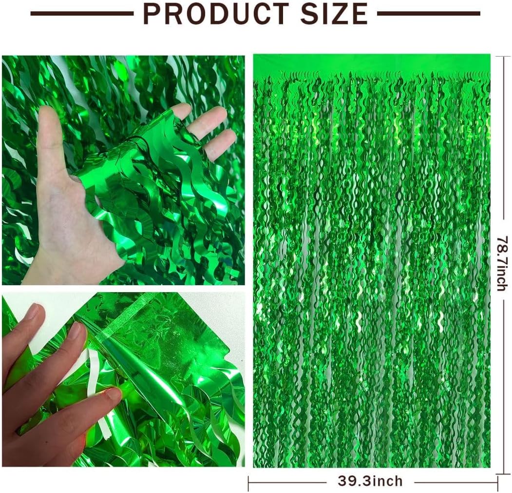 Green Streamers Foil Fringe Curtains Fringe Backdrop Curtains, Football Party Decorations, Green Birthday Decorations for Boy, Christmas Favor, Dinosaur Birthday Decor, Jungle Party Decorations