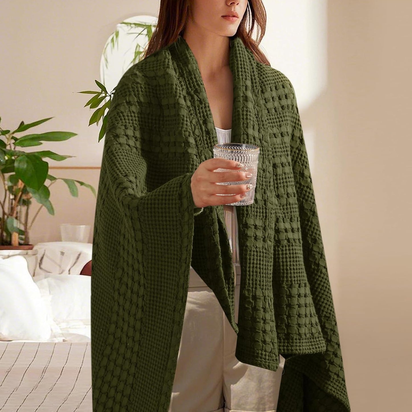 PHF 100% Cotton Waffle Weave Throw Blanket, Soft Lightweight Breathable Cozy Throws for Couch Bed Sofa, Luxury Aesthetic Woven Blanket for Home Decor & Office, 50"x60", Capulet Olive
