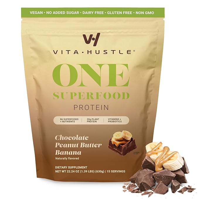 VitaHustle ONE Meal Replacement Shake - Plant Based Protein Powder by Kevin Hart - Vegan, Meal Replacement Powder with Superfoods, Vitamins, Adaptogens & Probiotics -Choc Peanut Butter Banana Flavor, 15 Servings
