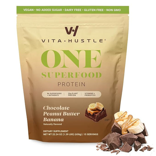 VitaHustle ONE Meal Replacement Shake - Plant Based Protein Powder by Kevin Hart - Vegan, Meal Replacement Powder with Superfoods, Vitamins, Adaptogens & Probiotics -Choc Peanut Butter Banana Flavor, 15 Servings