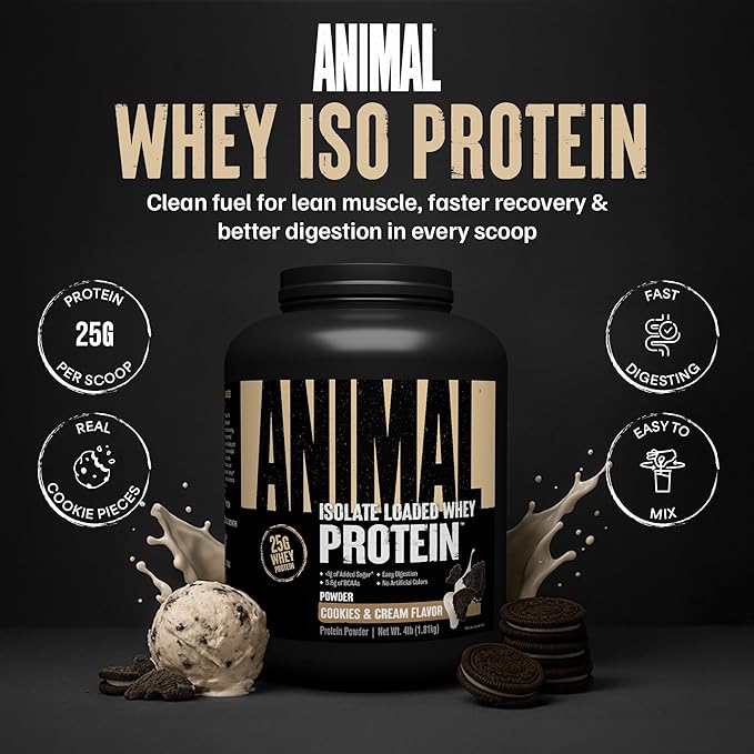 Animal Whey Isolate Protein Powder - Loaded for Pre & Post Workout Muscle Builder and Recovery with Digestive Enzymes for Men & Women - 25g Protein, Great Taste, Low Sugar - Cookies & Cream 4 lbs