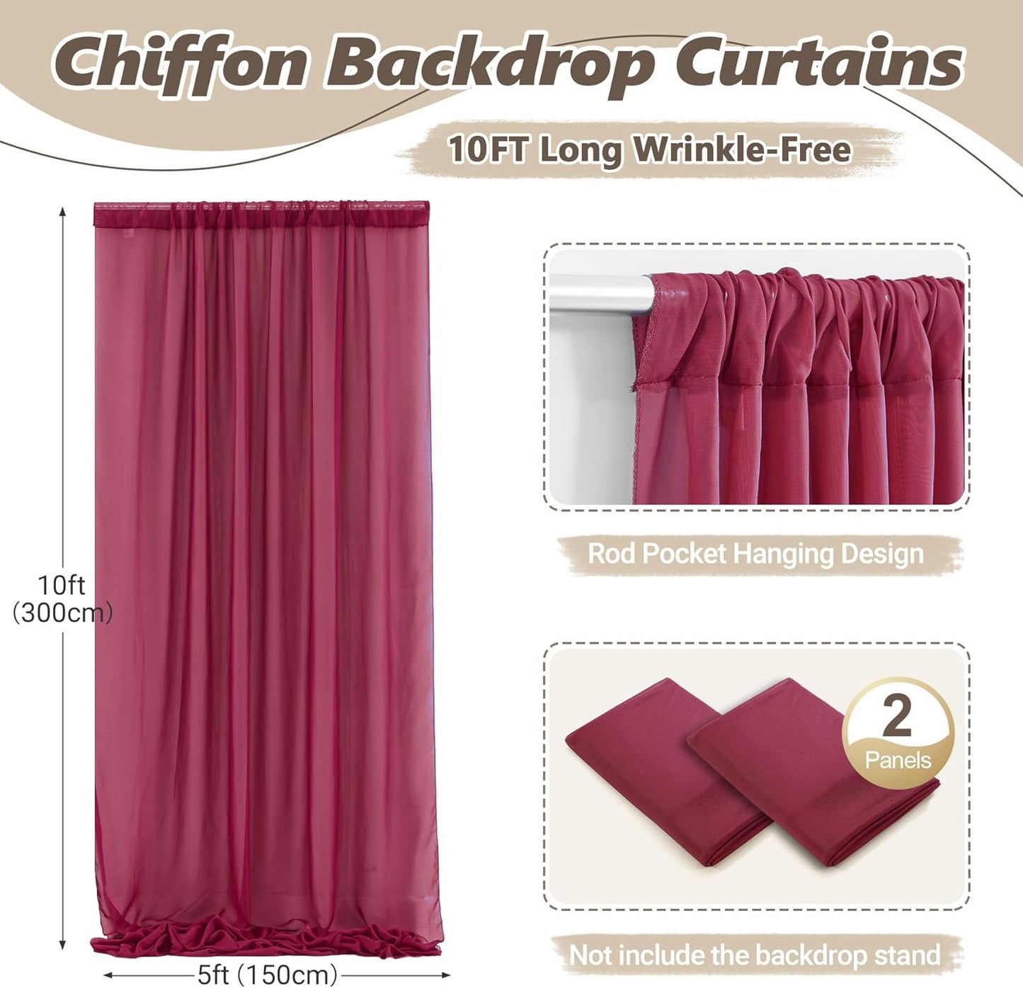 10ft x 10ft Burgundy Backdrop Curtains, Wrinkle-Free Sheer Chiffon Fabric Photo Backdrop Drapes for Wedding Arch Party Ceremony Stage Photography Decorations