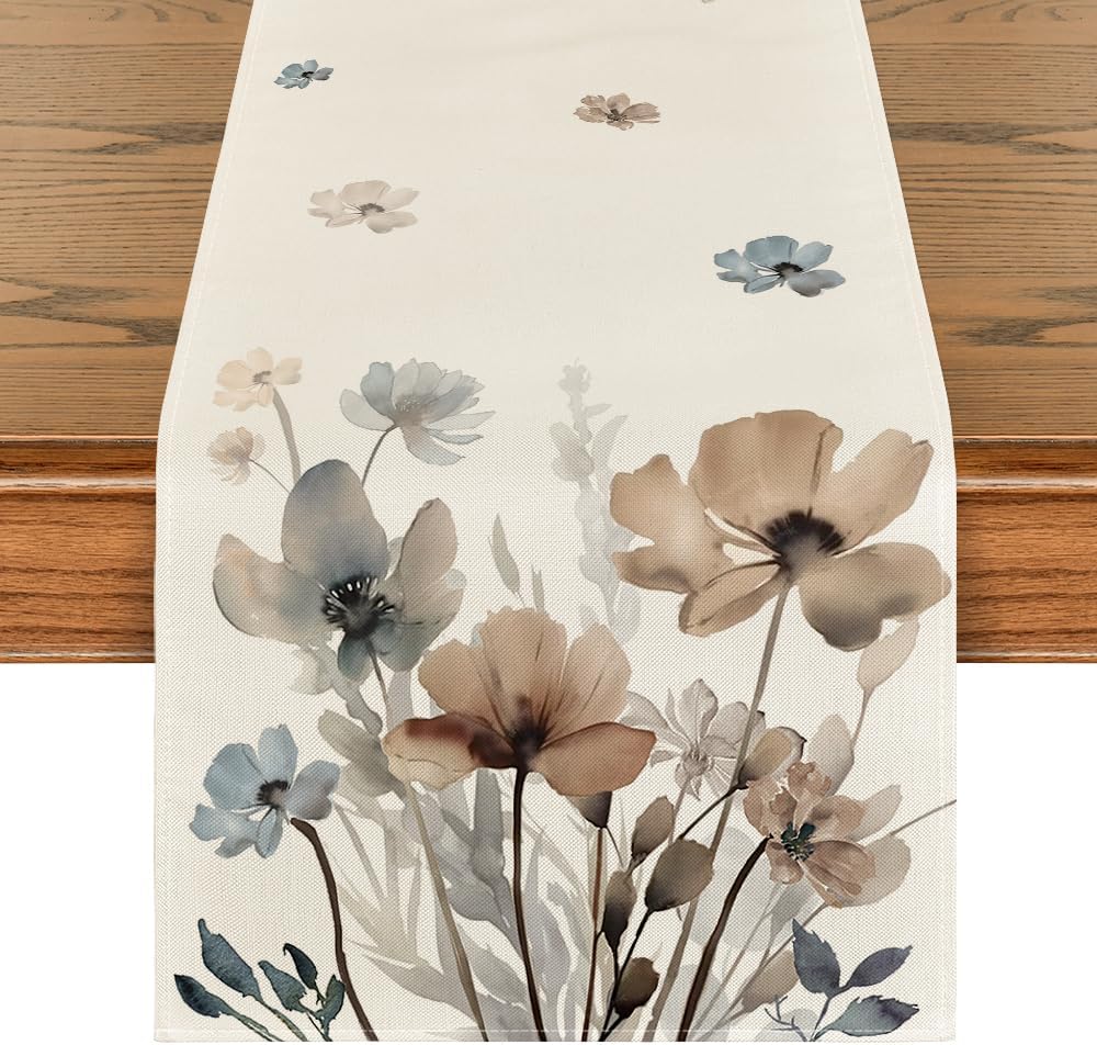 Artoid Mode Brown Poppy Floral Leaves Spring Table Runner, Seasonal Summer Kitchen Dining Table Decoration for Home Party Decor 13x36 Inch