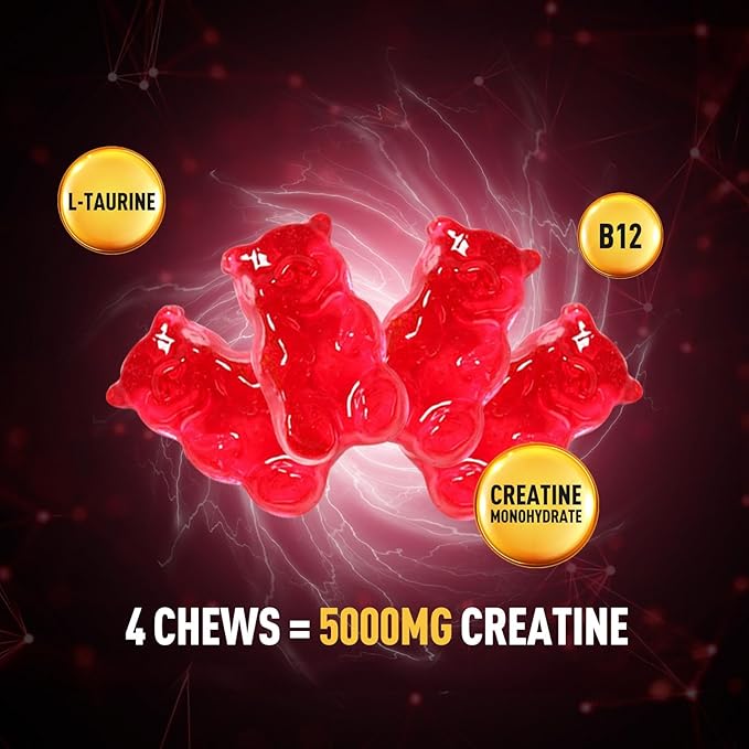 Creatine Monohydrate Gummies - 5g Creatine Monohydrate with L-Taurine, B12, Mixed Berry Flavor, 120 Count