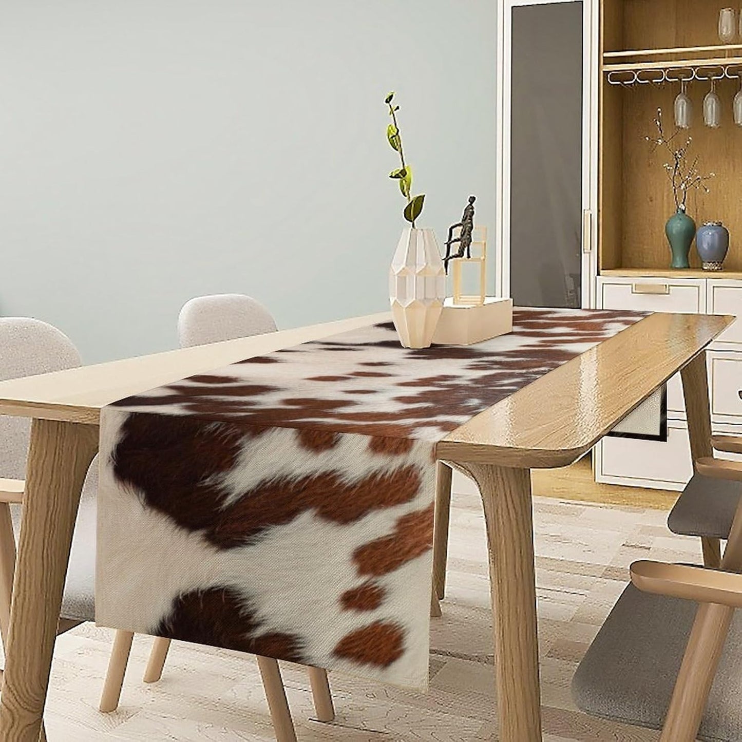 Farmhouse Cow Skin Print Table Runner, Safari Wildlife Brown Country Farm Cowhide Pattern Cotton Linen Rustic Cottage Table Runner for Dinning Home Party Holidays Home Setting, 13x108 Inch