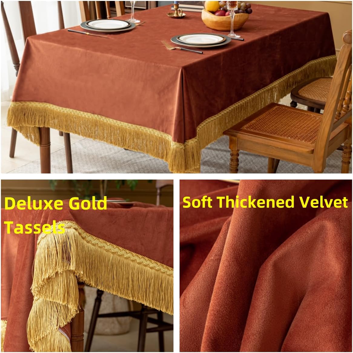 F-CHU Luxury Burnt Orange Tablecloth Thickset Velvet Tablecloth with Beautiful Gold Tassels Table Cloth for Home Decor Wedding, Party, Banquet and Events 60x102-Inch
