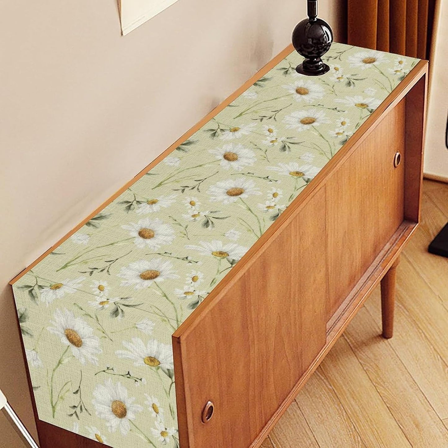 Daisy Floral Table Runner, Rustic Seasonal Spring Wild Flower Rustic Blue Wood Farmhouse Table Center Decor for Home Kitchen Dining Patio Holiday Party Indoor Outdoor Table Decorations, 13"x72" Inch