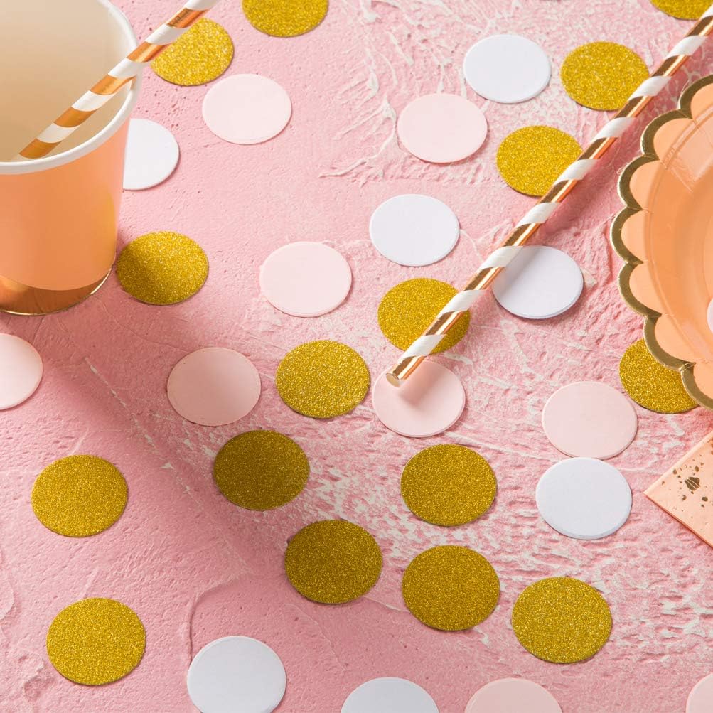 MOWO Confetti Circles Wedding Party Decor and Table Decor, 1.2’’ in Diameter (glitter gold pink and white mix,200pc)