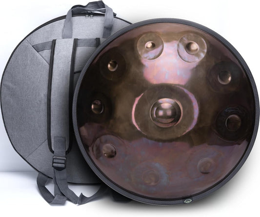 "SINGOFIRE" New Upgrade Advanced Handpan Drum, Ember Steel Handpan, 10-Notes with Bag, 22-Inch 440Hz D Minor Kurd, Telescopic Drum Stand, Iridescent-Gold