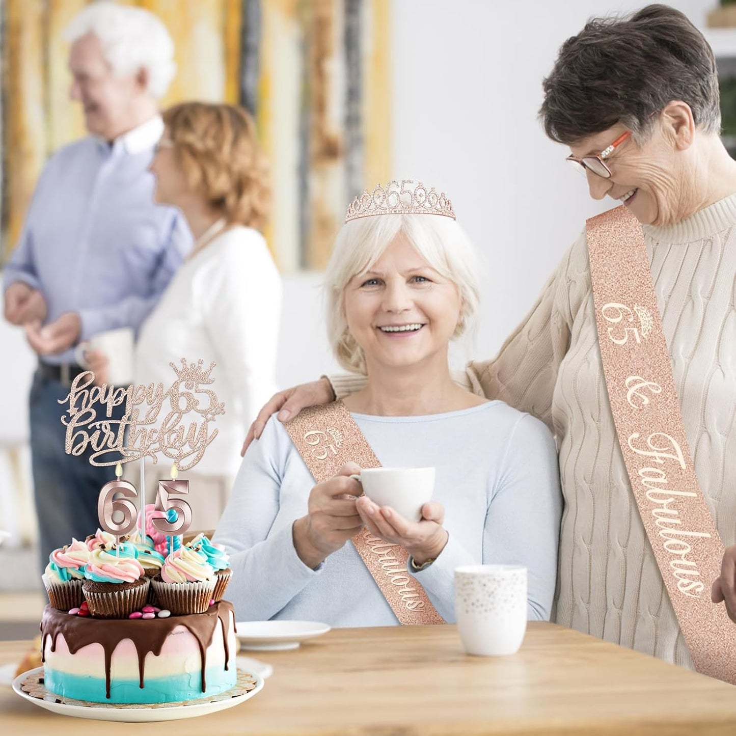 65th Birthday Decorations for Women, Including Sash, Crown/Tiara, Candles, Cake Topper, 65th Birthday Gifts for Women