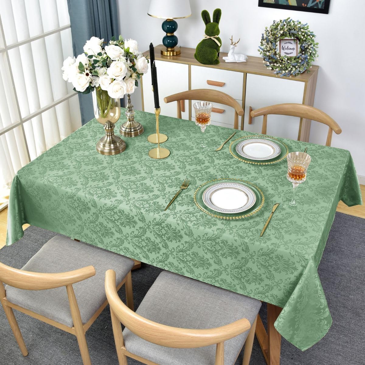 SASTYBALE Summer Tablecloth Rectangle, Spill-Proof Wrinkle Resistant Jacquard Fabric Table Cloth, Soft Polyester Damask Table Cover for Parties, Picnic, Dinner(52 * 70 inch, Oblong, Light Green)