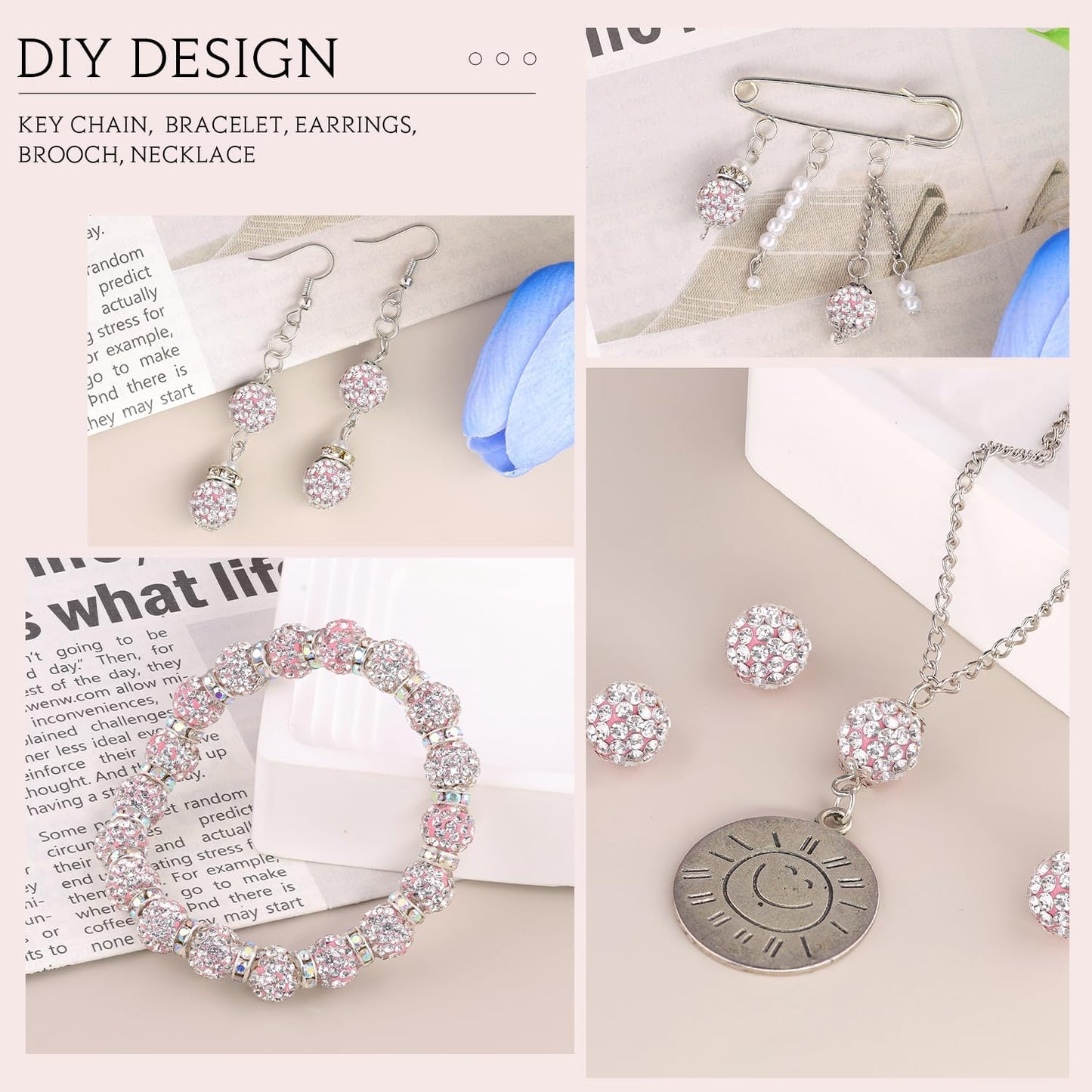 150pcs 10mm Rhinestone Beads for Jewelry Making, Pink White Shiny Round Shamballa Disco Ball Beads Bulk, Sparkle Crystal Clay Christmas for Bracelet Baseball Necklace Earring Crafting and DIY