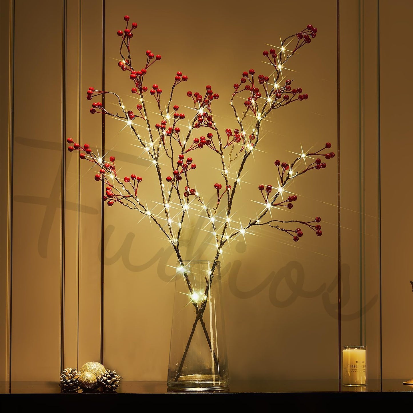 Fudios Lighted Red Berry Branches 80 LED Fairy Lights with Timer USB Plug in or Battery Operated, Artificial Twig Branches with Lights 32IN Christmas Home Fireplace Mantle Decoration