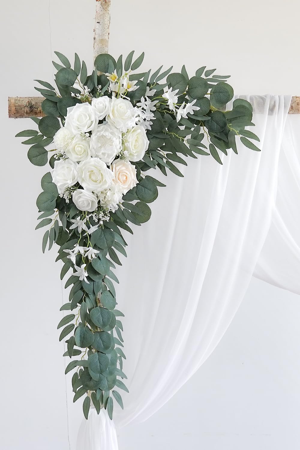 White Artificial Wedding Arch Flowers Kit (Pack of 3) with 26Ft White Shiny Arch Draping Fabric for DIY Wedding Party Ceremony Reception Backdrop Floral Decoration