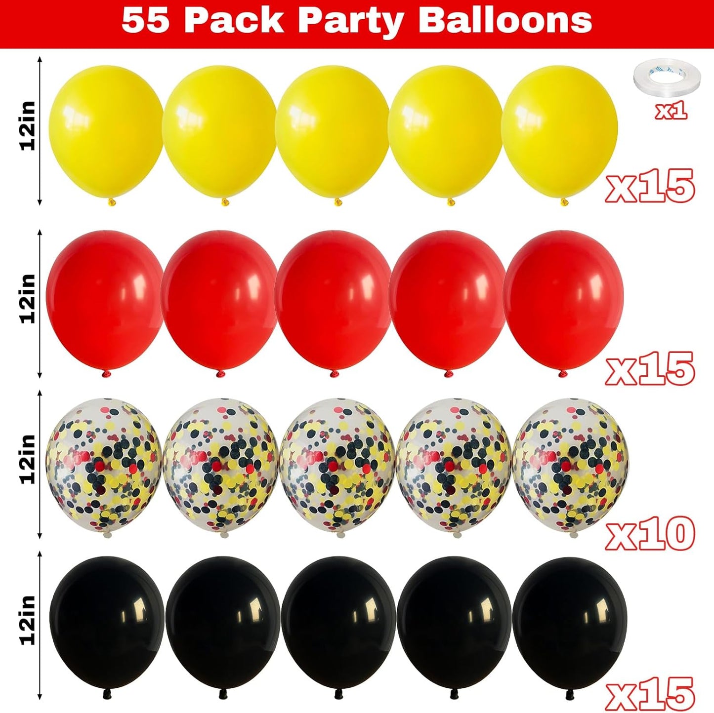 12Inch Red Yellow Black Balloons, Color Helium Party Balloon Yellow Red Black Latex Balloons with Cartoon Coffetti Balloon for Race Car Birthday Baby Shower Carnival Party Decorations