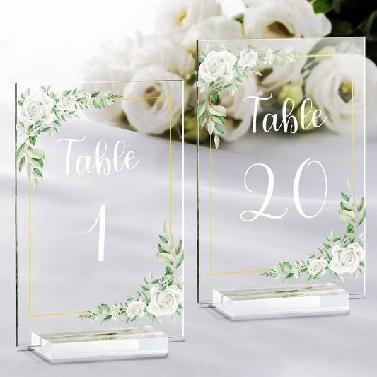 OurWarm White Rose Acrylic Wedding Table Numbers 1-20, 4x6 Inch Printed Calligraphy Table Number with Stands, Clear Numbers Signs and Holders, Perfect for Wedding Reception Anniversary Event