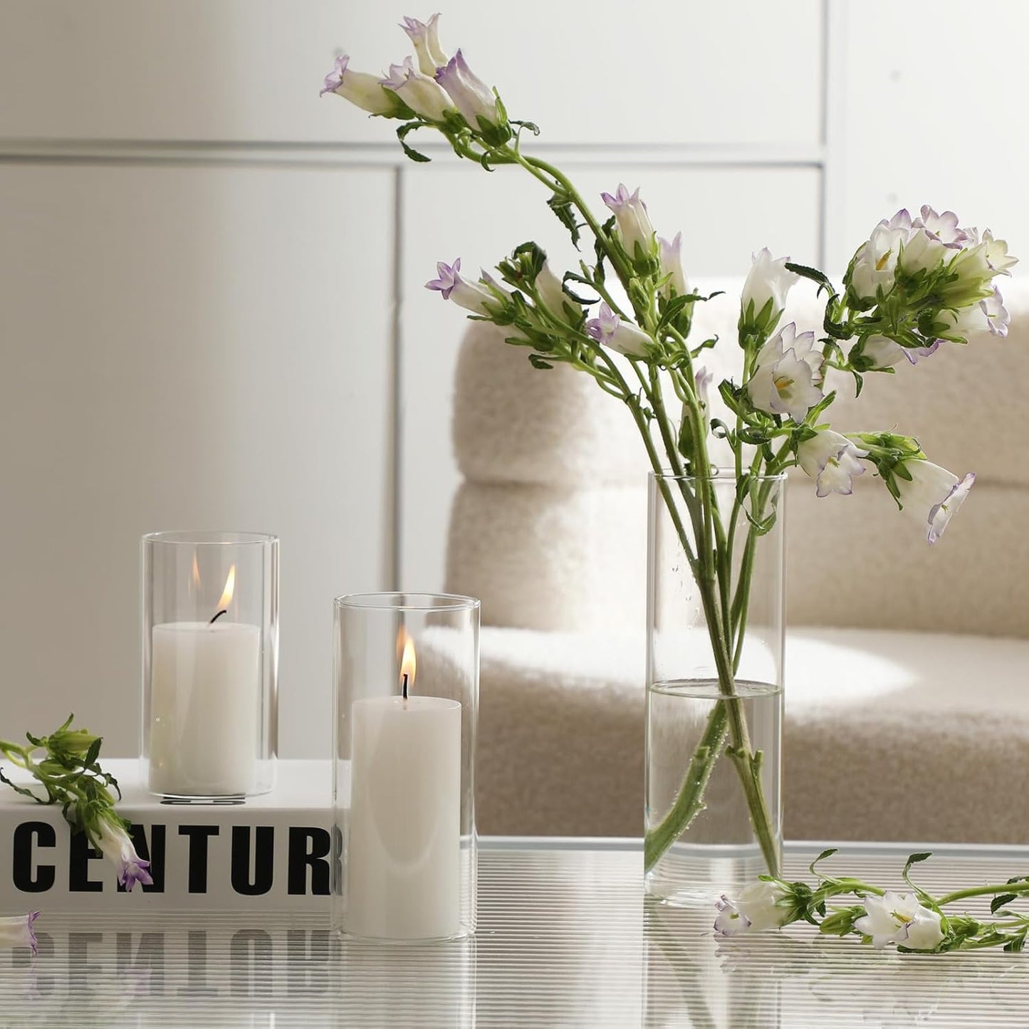 UDU Set of 12 White Pillar Candles and 12 Glass Cylinder Vases Hurricane Holders, Slim Pillar Candle Holder, Cylinder Vases for Centerpieces Wedding Table Party Home Decor(2.6" X 4.7", 5.9", 7.9")